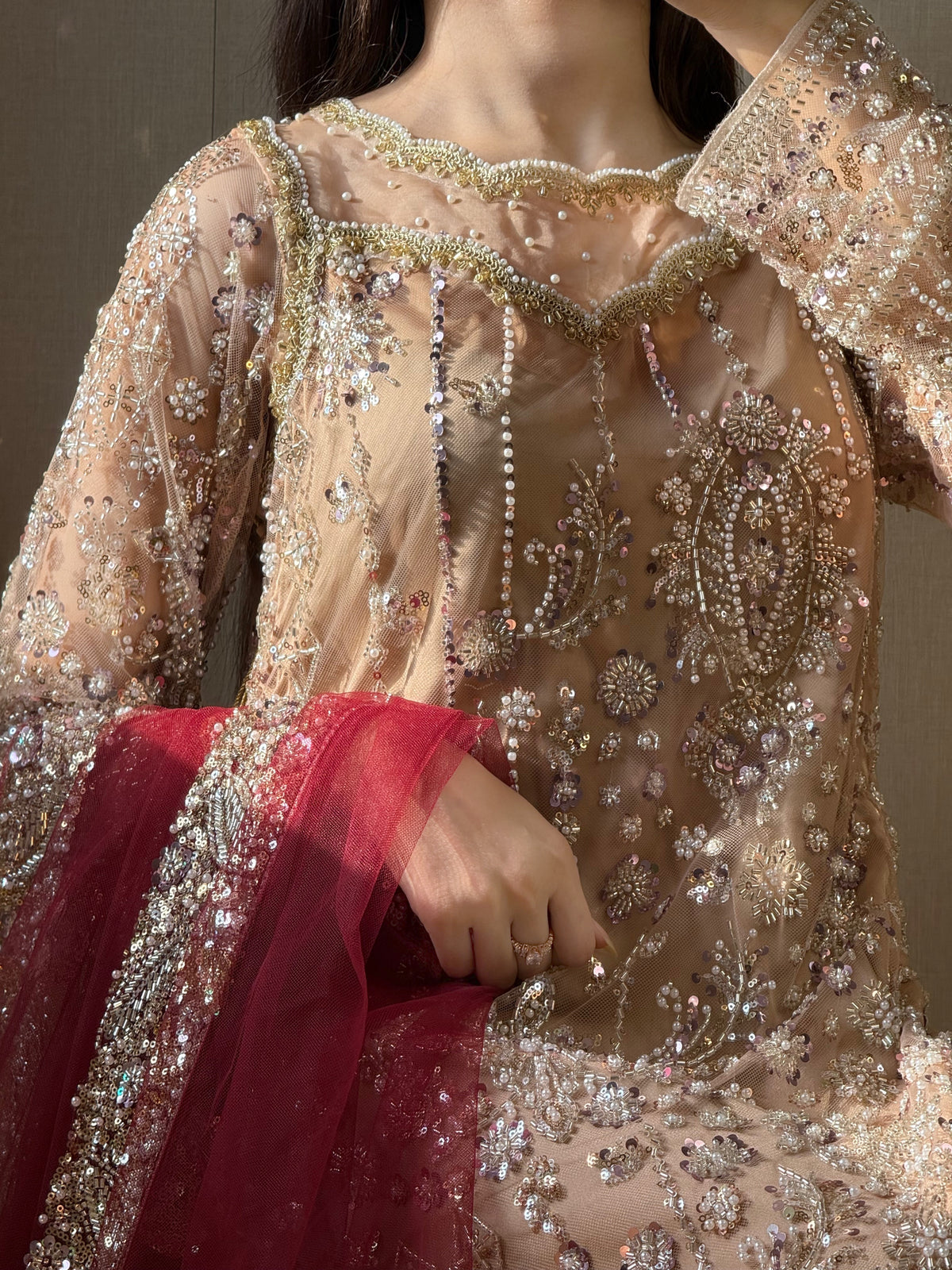 ROSHNI - Gold Cutdana Lehenga with Red Dupatta