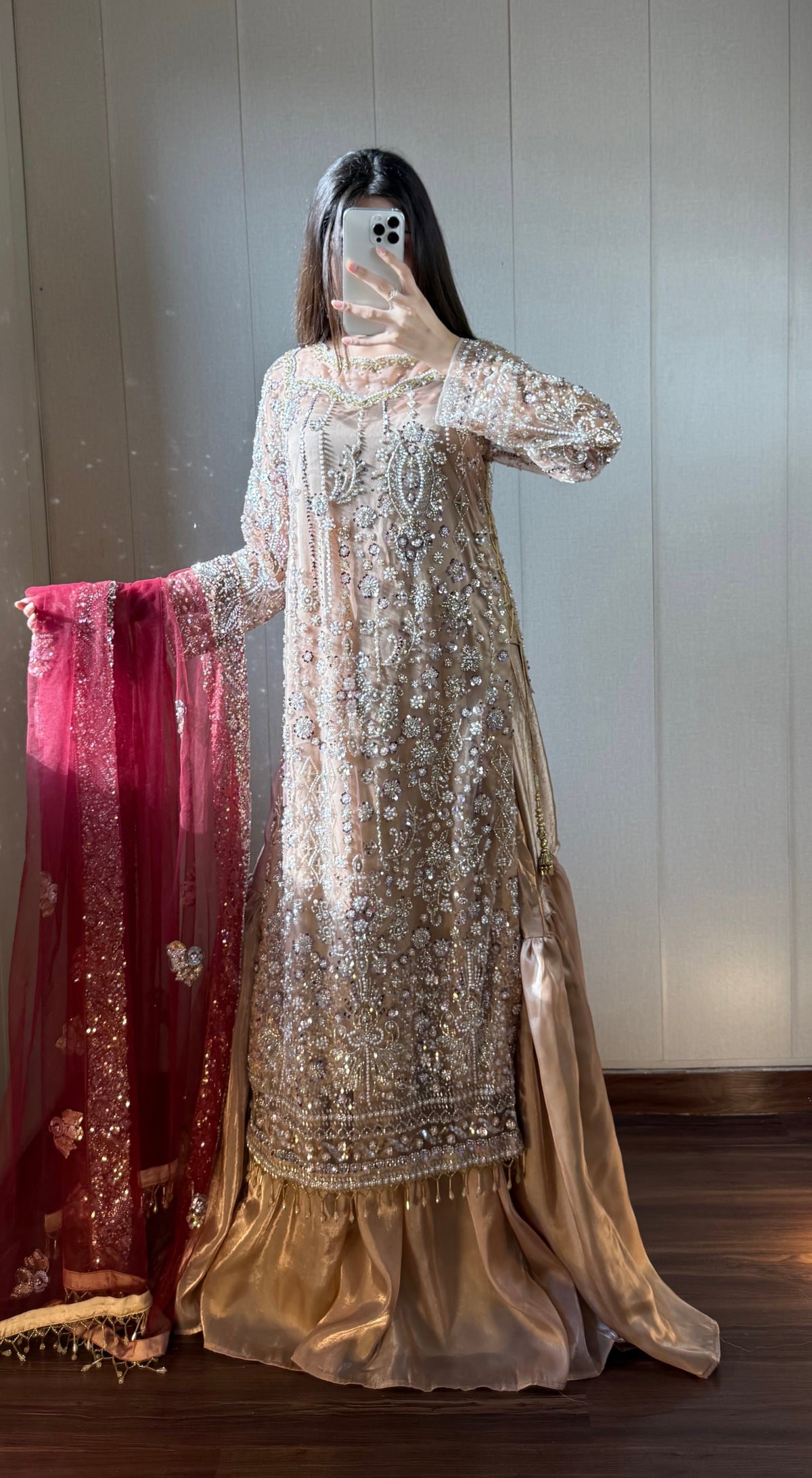 ROSHNI - Gold Cutdana Lehenga with Red Dupatta