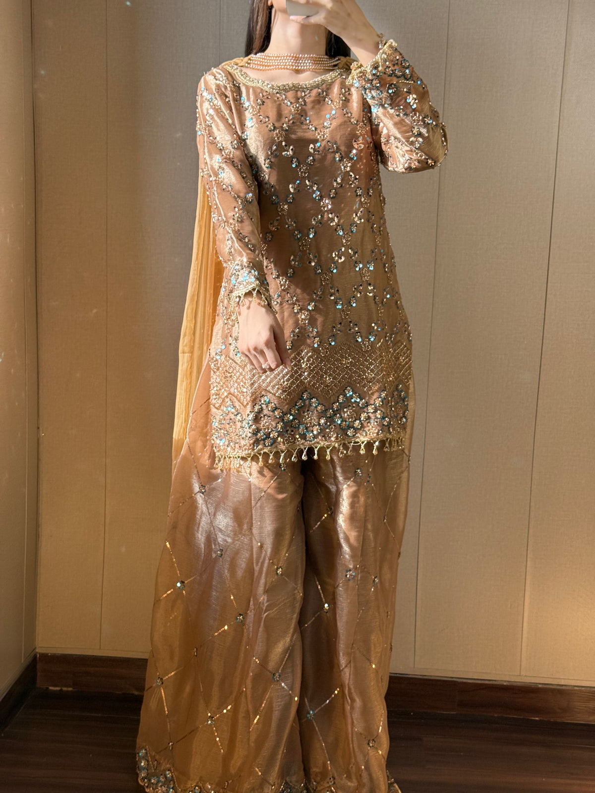 Pre-order: NEELAM - Golden Silk Cutdana Suit