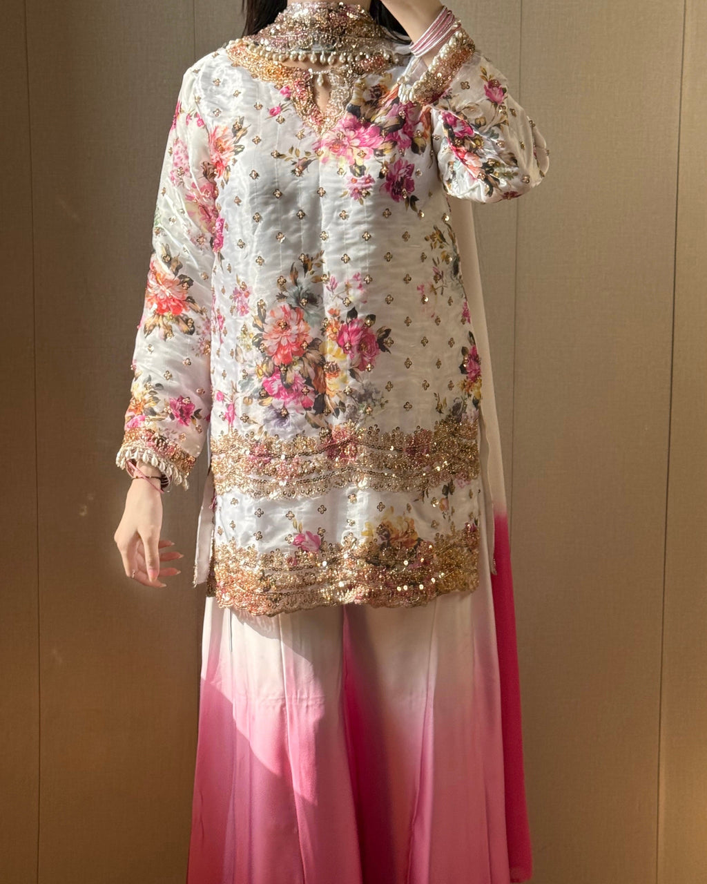 MAHER - Floral Silk Suit with Cutdana Work