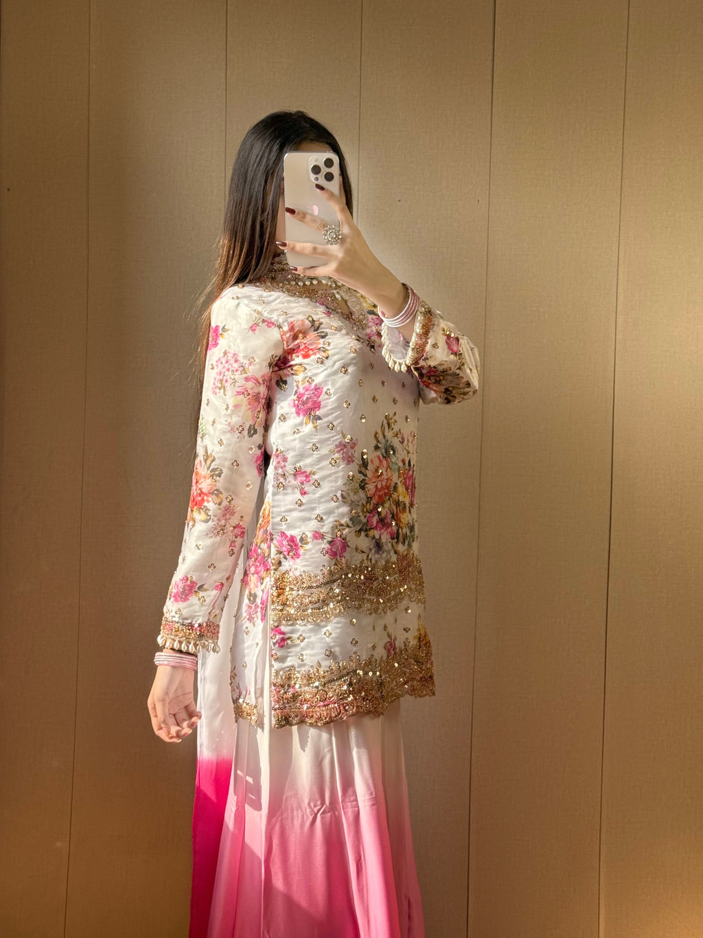 MAHER - Floral Silk Suit with Cutdana Work