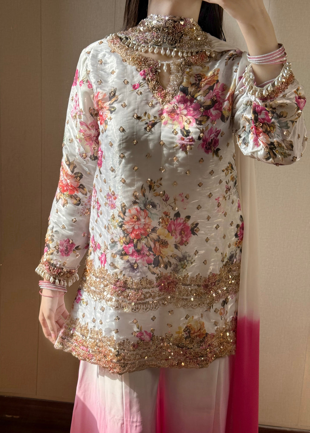 MAHER - Floral Silk Suit with Cutdana Work