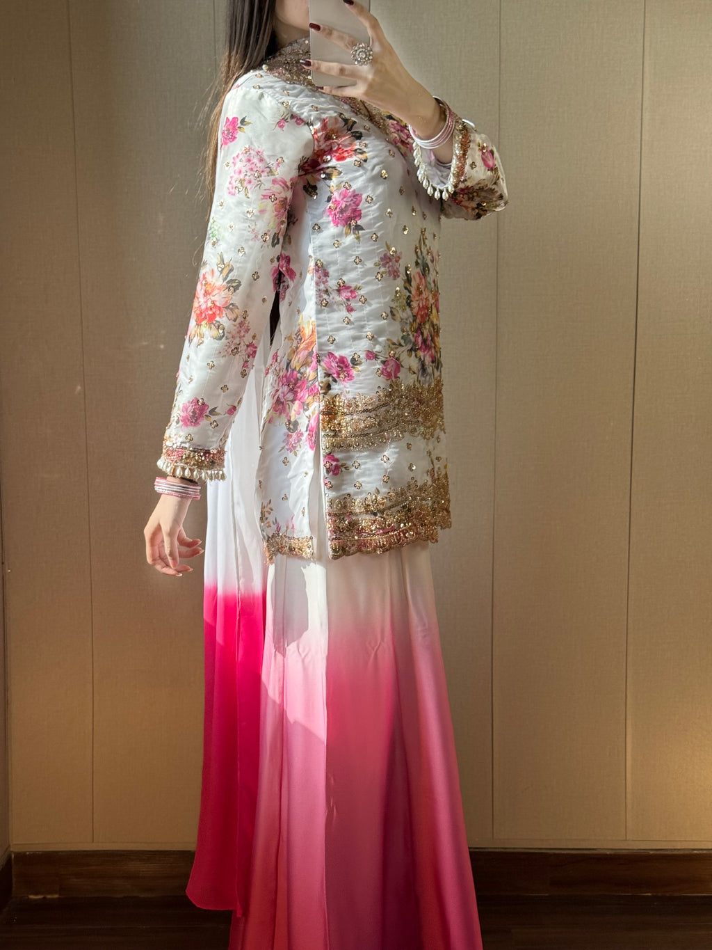 MAHER - Floral Silk Suit with Cutdana Work