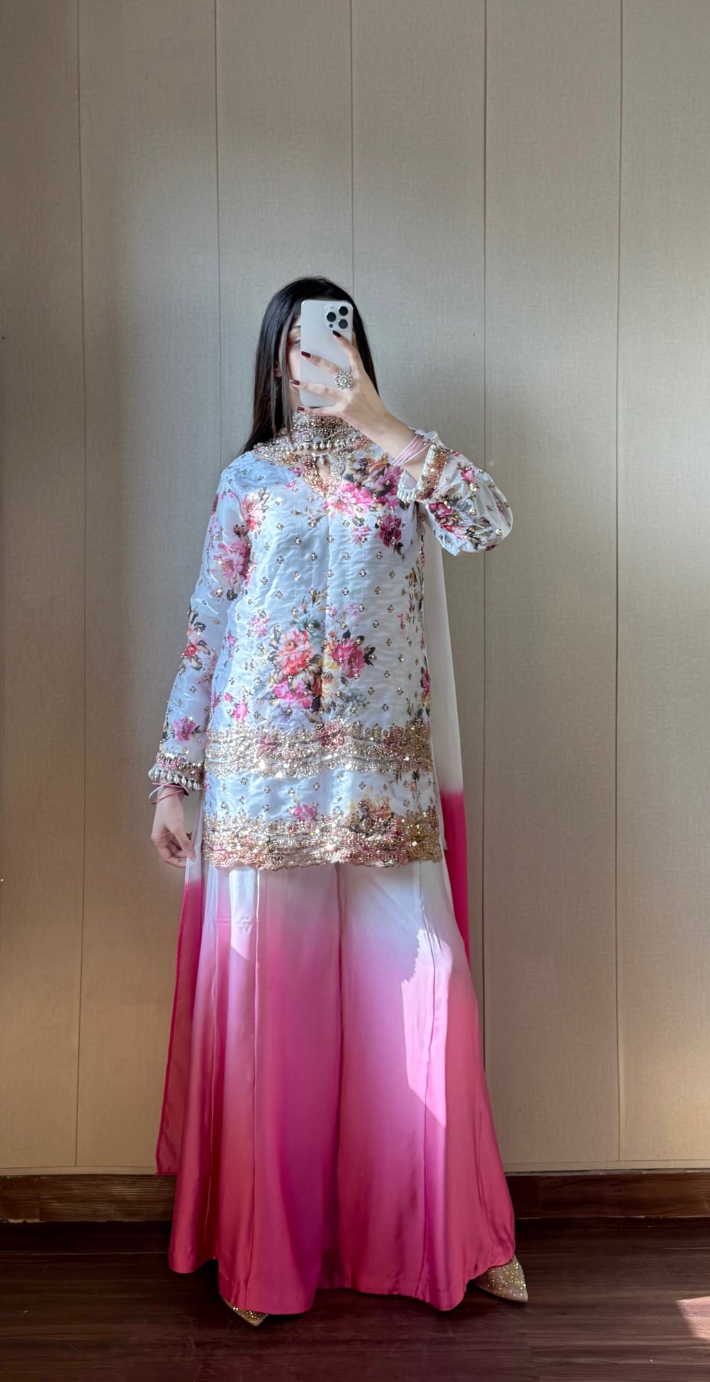 MAHER - Floral Silk Suit with Cutdana Work