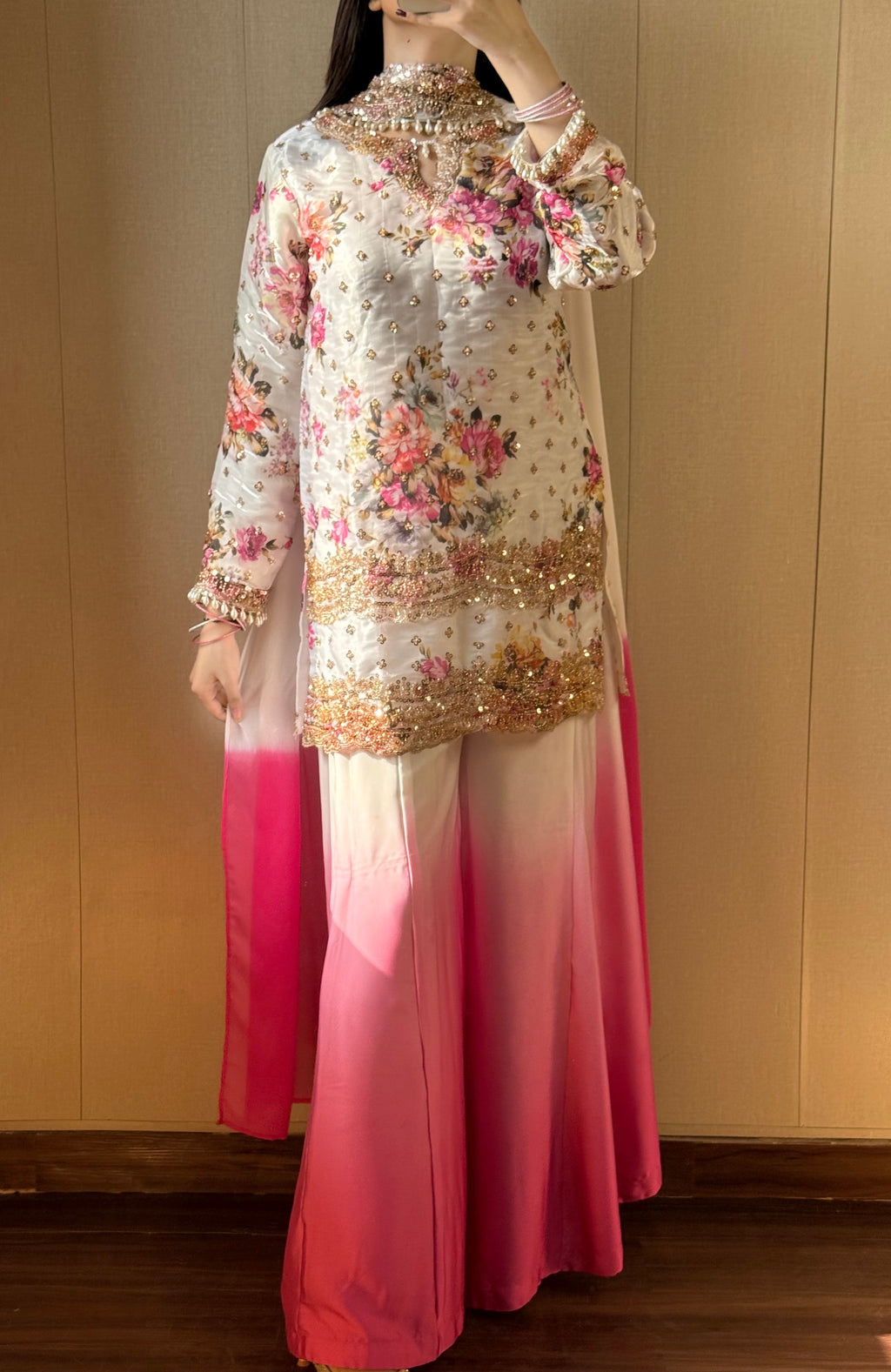 MAHER - Floral Silk Suit with Cutdana Work